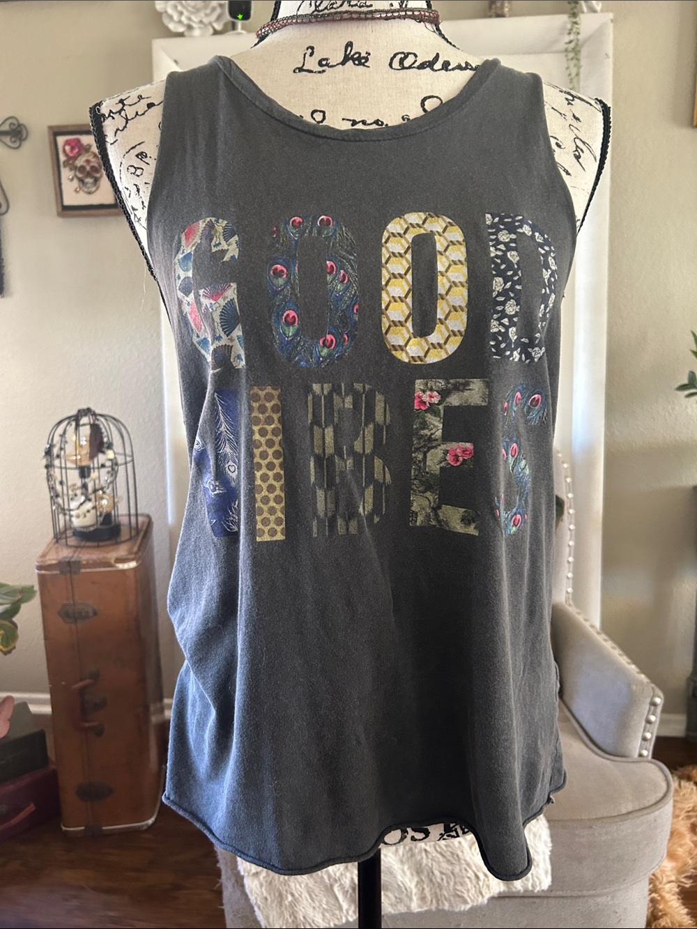 Junk Food Clothing Dark Gray 'Good Vibes' Patterned Graphic Tank